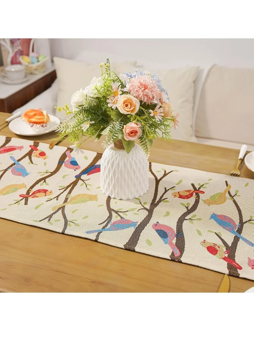 Decorative Bird Print Table Runner with Tassels - Cream Multicolor